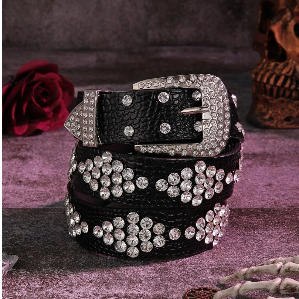 Vegan Black Crocodile Embossed Rhinestone Belt